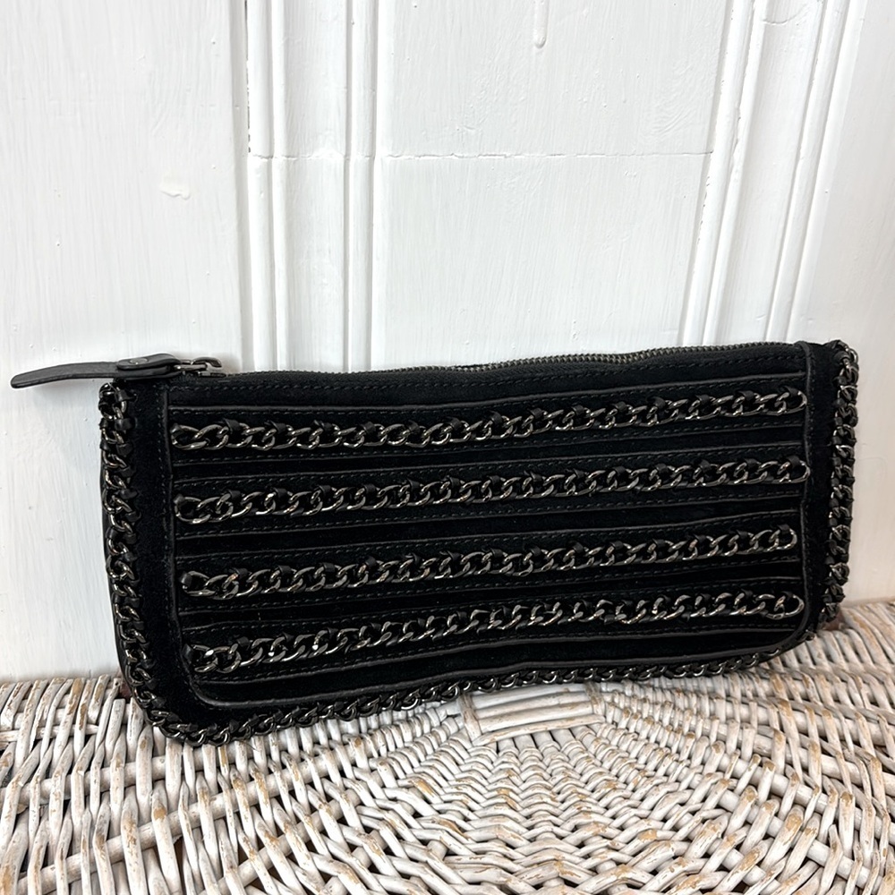 BCBG black suede and chain clutch
